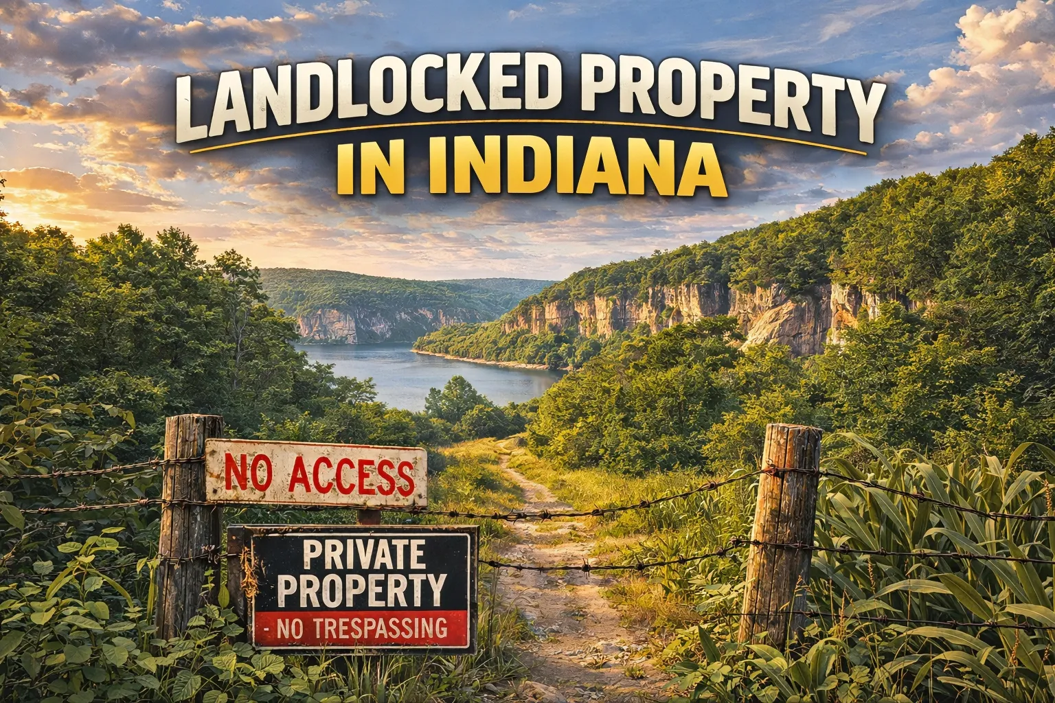 Fenced-off trail with private property and no access signs overlooking wooded Indiana hills and a river valley, showing a secluded parcel with no clear legal entry.