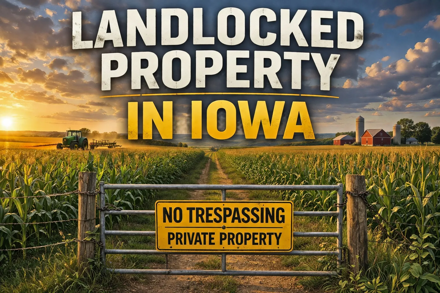 Gated farm lane cutting through Iowa cornfields at sunset, with a no trespassing sign, tractor in the distance, and rural scenery representing landlocked property owners we help sell difficult land.
