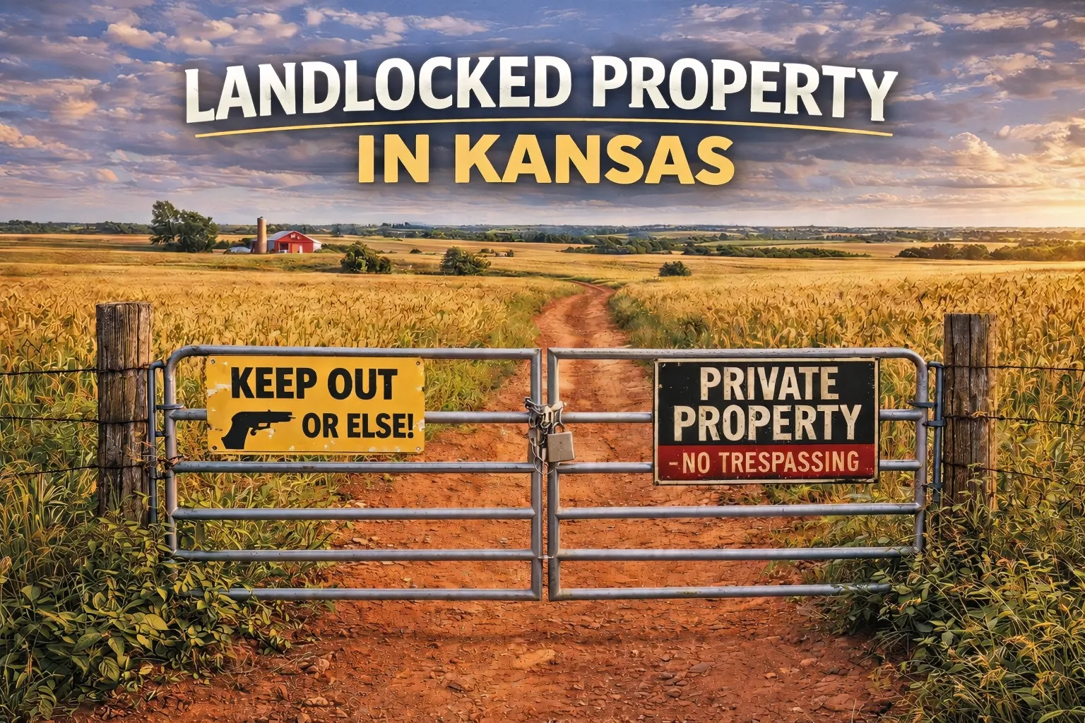 Kansas farmland property with metal gate, keep out warning sign, and long gravel path through crop fields.