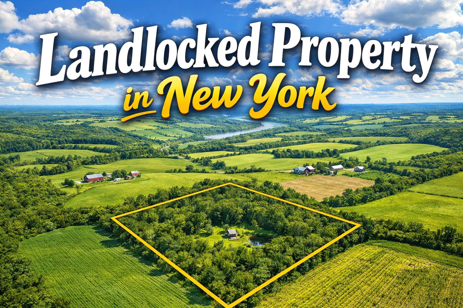 An aerial view of a rural New York parcel surrounded by neighboring land clearly shows how landlocked property can leave owners without direct road access.