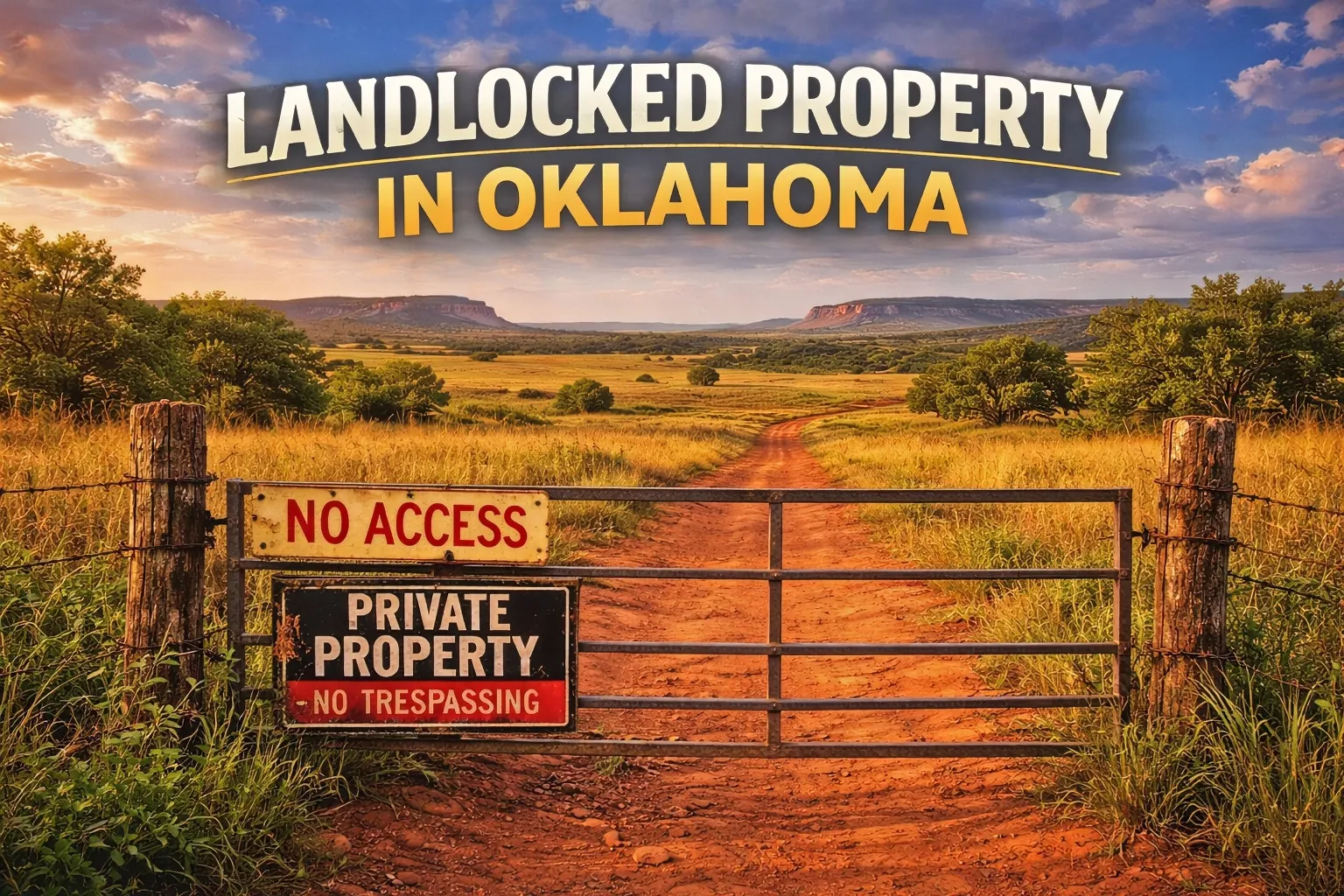 Oklahoma rural acreage with dirt road leading to locked gate, no access signage, and wide open plains at sunset.