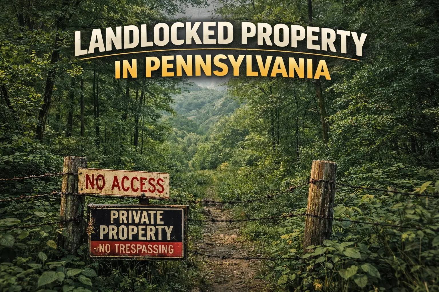 Pennsylvania wooded landlocked parcel with narrow trail blocked by no access and private property signs in dense forest.