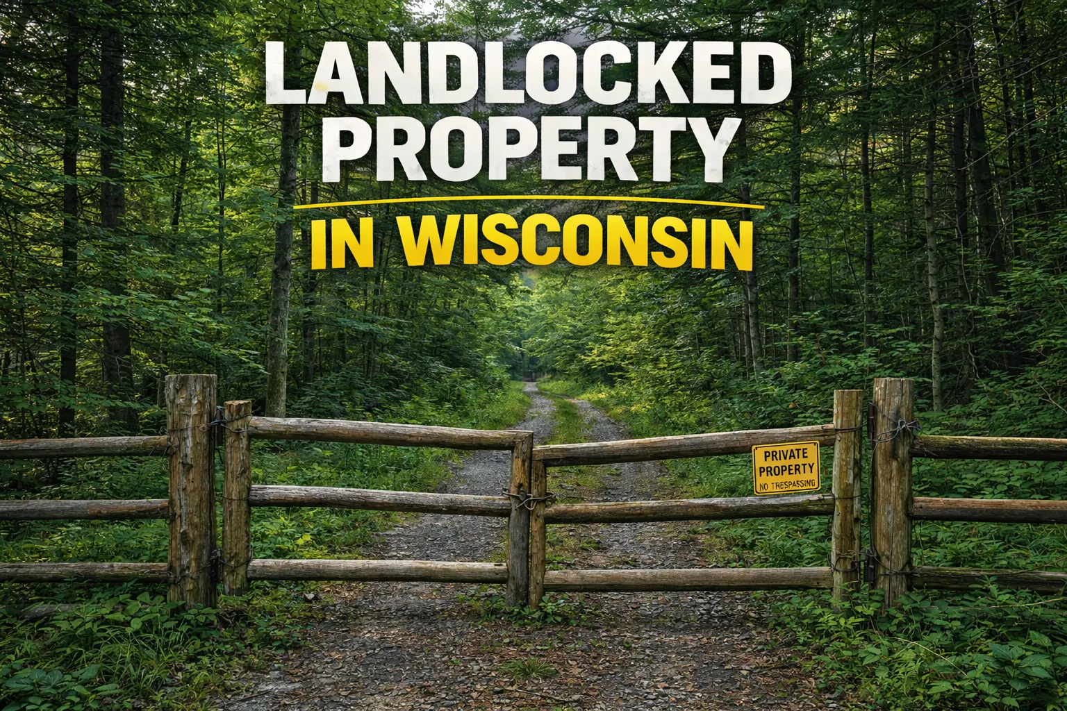 A forested Wisconsin property blocked by a rustic gate captures the limited access issues common with landlocked land.