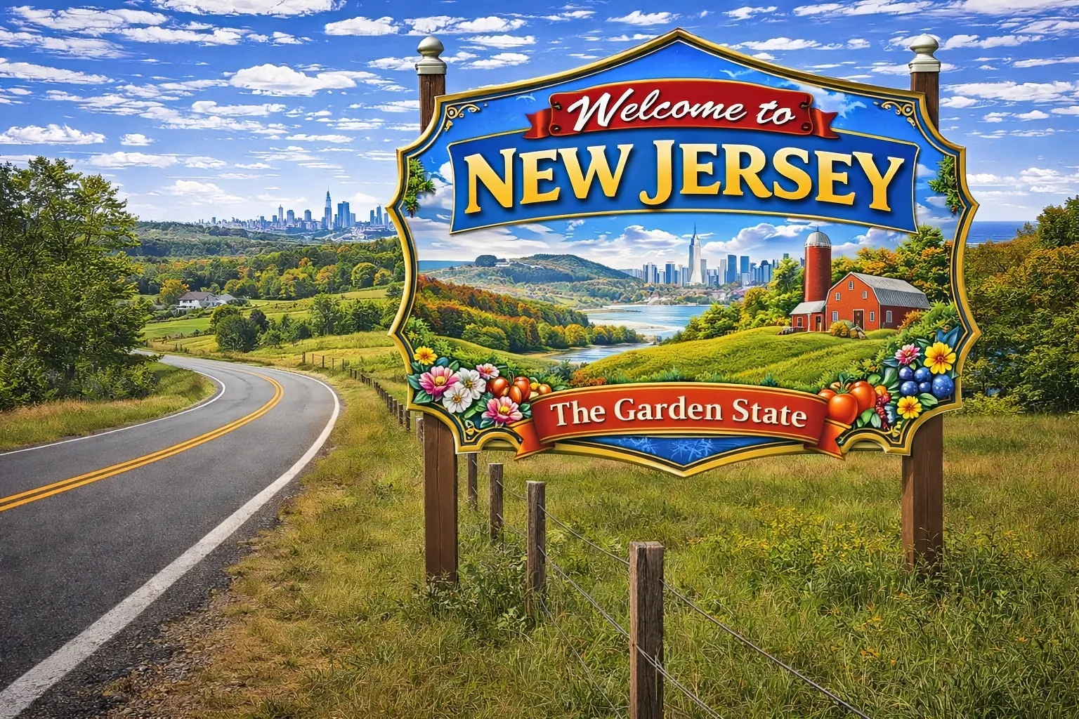 Rolling farmland and distant skyline views reflect New Jersey’s mix of rural and developed land—where fence laws, neighbor boundaries, and property rights can quickly overlap.